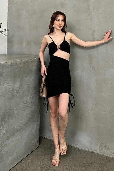 msm fashion Women Dress Mini Strap Chest and Waist Low-Cut Draped Adjustable Smocked Cut Out Dress