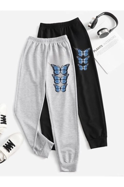 EYAX MODA Σετ 2 τεμαχίων Κοριτσίστικα Φούτερ με στάμπα πεταλούδας - Μαύρο & Γκρι