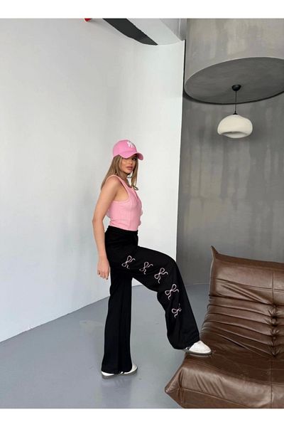 Kokosh moda Osy Modal Soft Textured Fabric Embroidered Comfortable Loose Leg Sweatpants Pantalon - Black