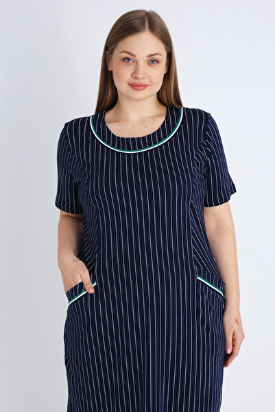 İntensive Women's Navy Blue Short Sleeve Connecting Rod Plus Size Cotton Dress