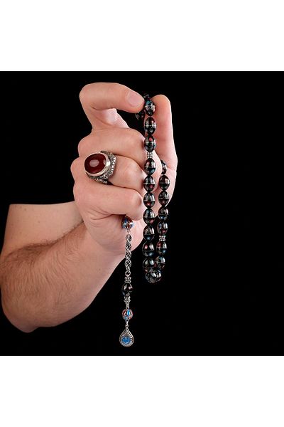 TESBİHCİBABA Red Blue Enamel Embroidered Erzurum Oltu Stone Rosary