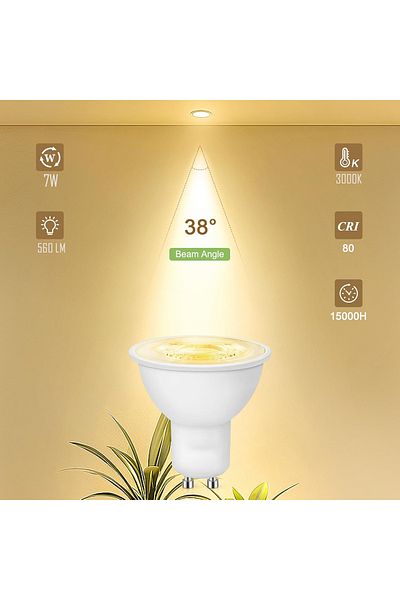 Goodway مصابيح ليد GU10 - 7 وات، أبيض دافئ، 3000 كلفن، زاوية شعاع 38 درجة - مصابيح موفرة للطاقة - مثالية للمنزل