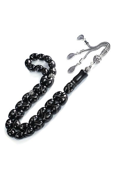 TESBİHCİBABA Engraved Oltu Stone Rosary with Silver Design