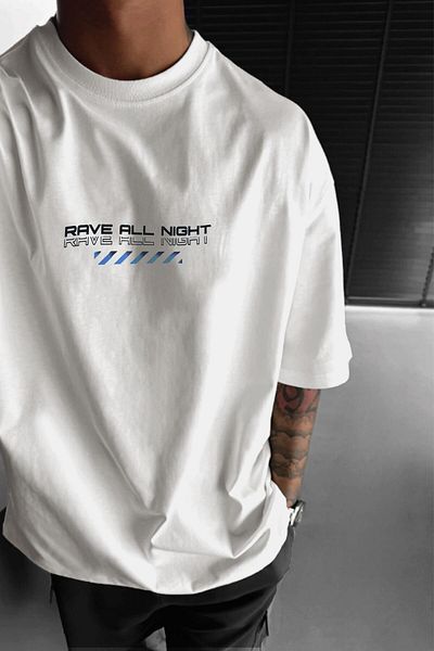 Millionaire Men's Ecru White Rave All Night Oversize Fit Loose Wide Fit Loose Cut T-Shirt