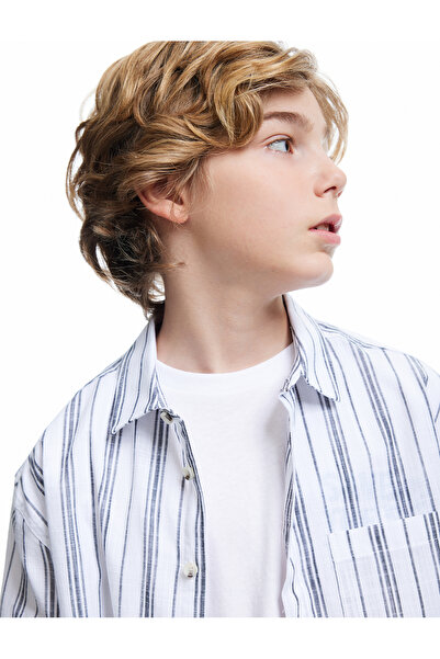 Koton Памучна раирана риза с къс ръкав и копче с един джоб