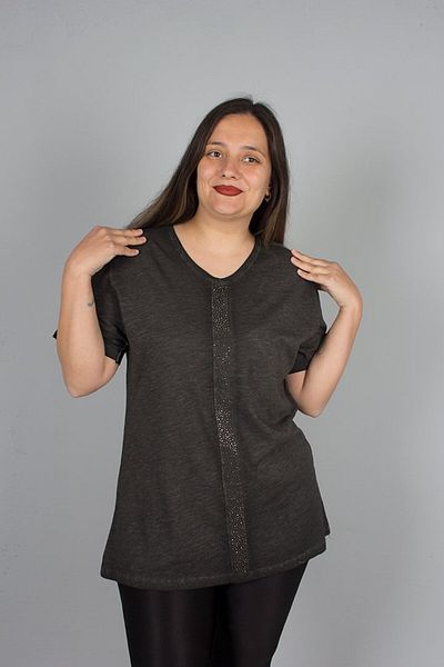 Truva XXL Large Size Washed Front Stone Embroidered Cotton Blouse