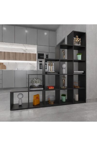 Passion Prae 20 Raflı Merdiven Motifli Eşyalık Siyah Ahşap Basamak Dekoratif Kitaplık Ahşap Seperatör Raf
