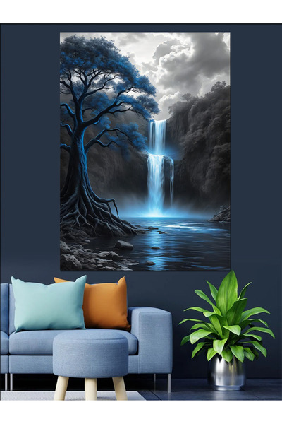 ekart Şelale Yanında Siyah Ağaç Dekoratif Kanvas - Mdf Ahşap Tablo