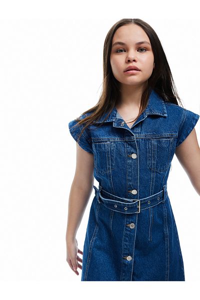 Koton Rochie din denim cu buzunar cu nasturi cu centura din bumbac