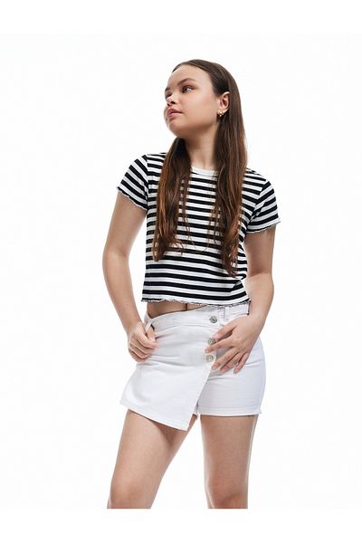 Koton Tricou cu mânecă scurtă, cu decolteu, cu dungi, negru, pentru fete 5skg10065ak