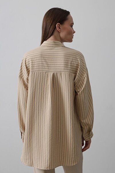 Genel Markalar Çizgili Tek Cep Gömlek - Taş