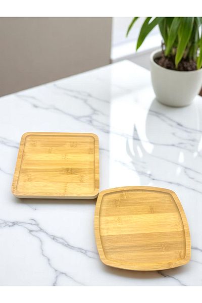 CİHO 2 Piece Bamboo Wooden Square Serving Presentation Plate Breakfast, Presentation Plate 20 cm (Vivatti)