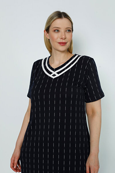 İntensive Lacivert Çizgi Desenli Şeritli Cepli Pamuklu Büyük Beden Kısa Kollu Elbise