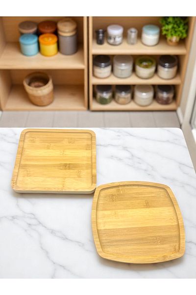 CİHO 2 Piece Bamboo Wooden Square Serving Presentation Plate Breakfast, Presentation Plate 20 cm (Vivatti)