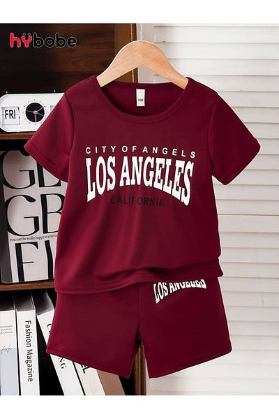 LEONE KOLEKSİYON Set de tricou pentru copii din bumbac imprimat burgundy - decolteu de vară pentru fete și băieți