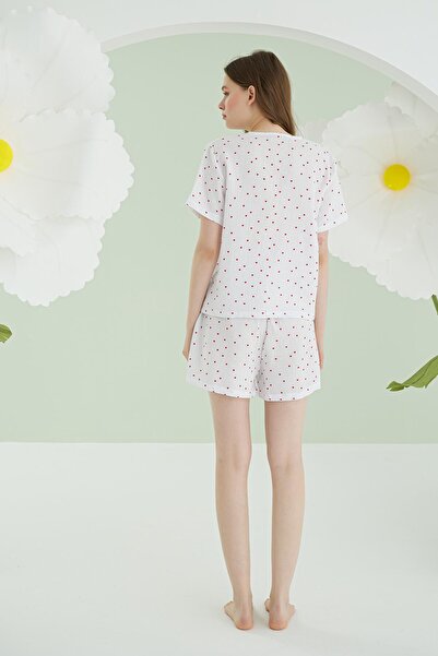 NBB %100 Pamuklu Kadın Ekru Kalpli Şortlu Önden Bağlamalı Şort Takım