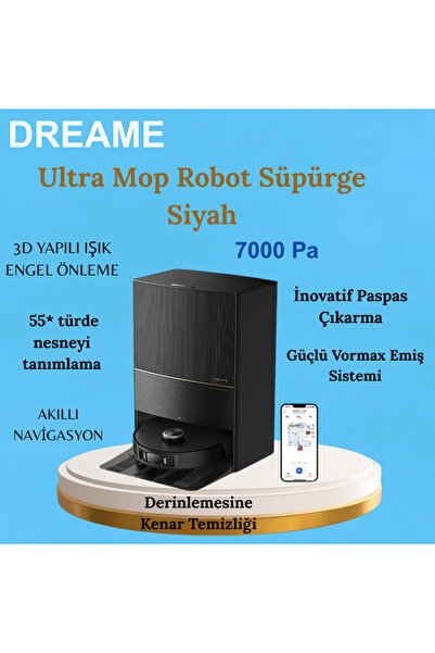 Dreame En Gelişmiş ve Güçlü Süpürme SistemiUltra Kenar Temizliği Mop Robot Süpürge Siyah