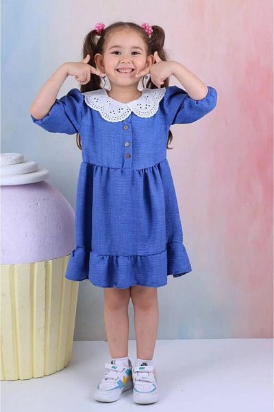 MİNYON BABY Rochie pentru fetiță cu guler din dantelă cu nasturi Nostarjik Blue - 7-8 ani