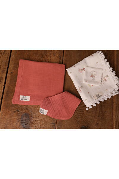 Baby Heaven Müslin Battaniye Seti %100 Pamuk 2 li (100x100 Pembe & 90x90 Geyikli) + Önlük + Hediye Mendil