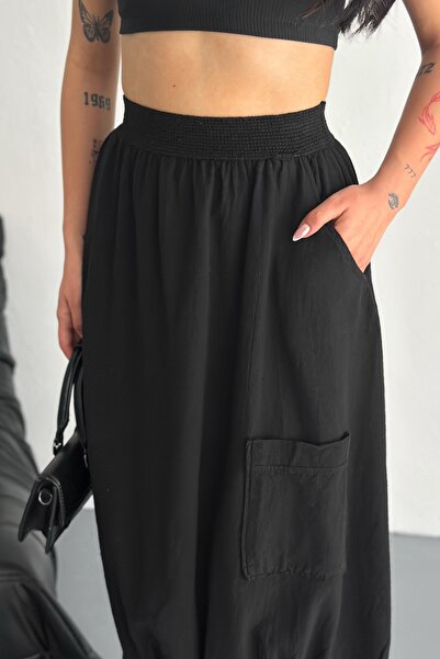 FEMELLE Fusta neagră cu buzunar dublu cu talie elastică pentru femei