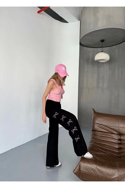 Kokosh moda Osy Modal Soft Textured Fabric Embroidered Comfortable Loose Leg Sweatpants Pantalon - Black