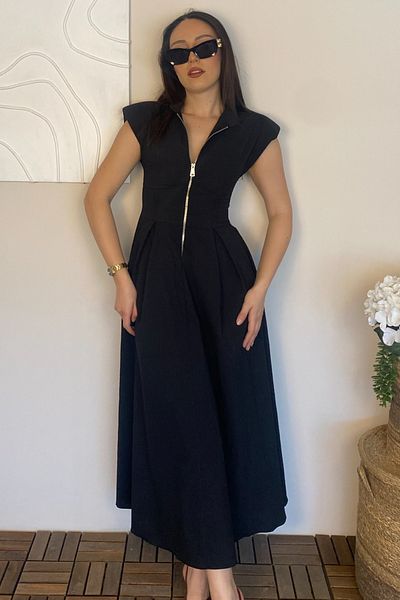 Ded COLLECTION Women's Padded Sleeveless Half Zipper Collar Parachute Fabric Midi Dress