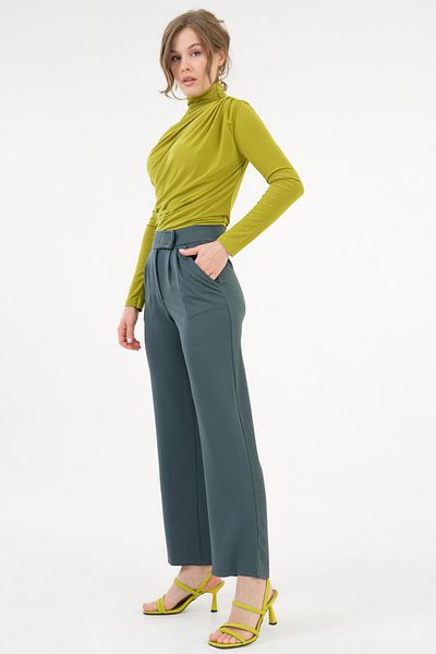 Saade Petrol Velcro Detailed Pleated Palazzo Knitted Trousers