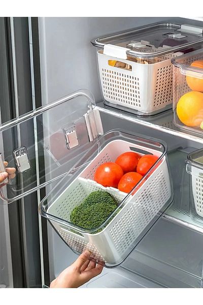 Home Luna 9 Liter Vacuum Lid Double Compartment Refrigerator Storage Container Vegetable & Fruit Organizer Organizer