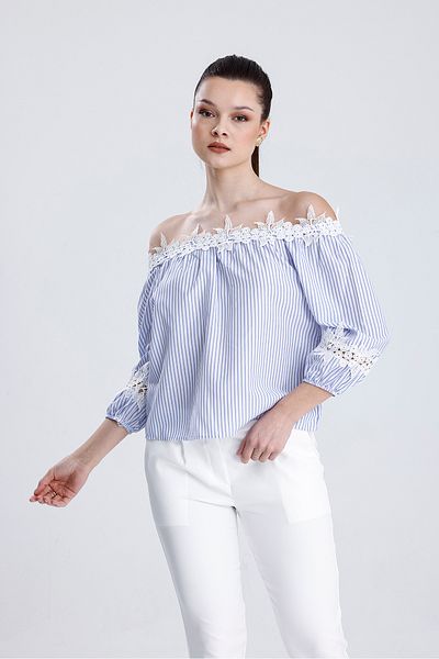 MD trend Bluză cu dungi cu dantelă de umăr pentru femei