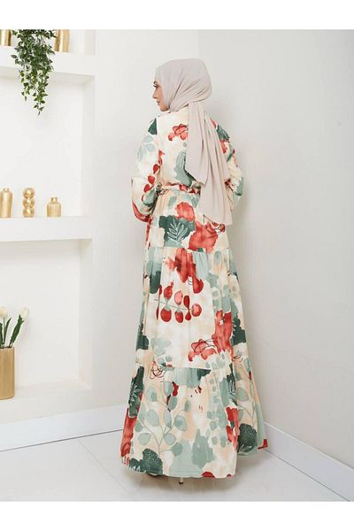 QUAWEAR Round Crew Neck Waist Lace up Shirred Full Length Dress