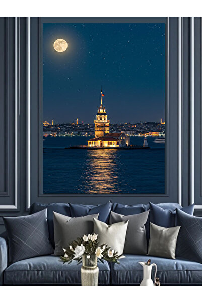 KanvasSepeti Gece Işığında Kız Kulesi Yağlı boya Dokulu Yüksek kaliteli Kanva...