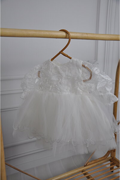 ministok Beyaz Balon Kollu Tütülü Kız Bebek Elbise