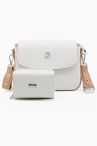 Just Polo New Season Column Strap 4 Compartment White Tan Women's Shoulder Bag and Wallet Combination Pbu217402