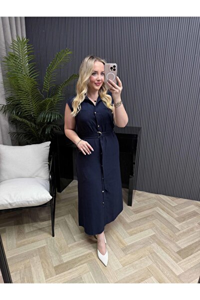 Byelifdursun Gold Düğmeli Kuşaklı Keten Elbise Lacivert