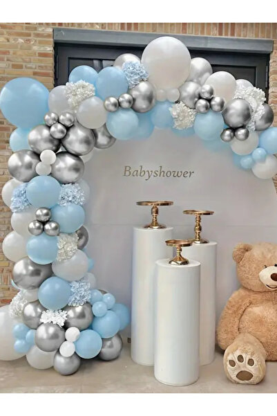 Çemrek Süs Parti MAvi Beyaz Gümüş Krom Balon Zinciri Seti Doğum Günü Konsepti 100 lü