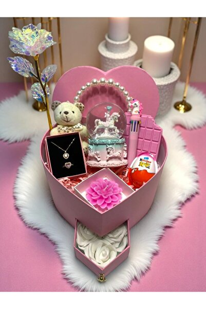 miraybutikhediyelikesya sevgiliye pembe kalp kutulu hediye seti - kar küresi ...