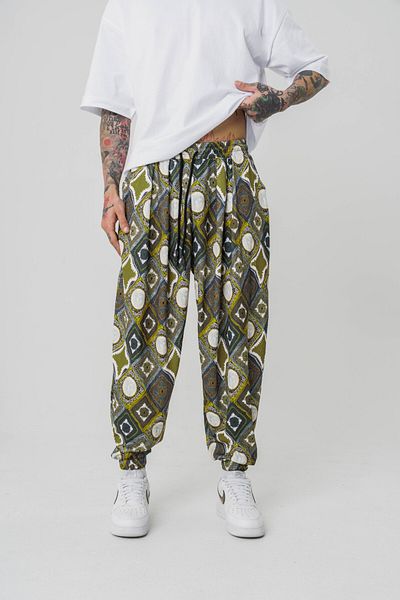 go gang own Leaf Pattern Pleated Baggy Pants with Elastic Waist and Legs