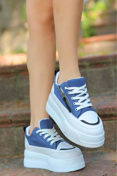 LEYDİ SHOES FRM-019 Pantofi sport cu șireturi cu talpă înaltă, albastru bleumarin