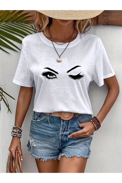 Modayakamoz Tricou de damă cu mânecă scurtă, cu decolteu, cu imprimeu cu ochi