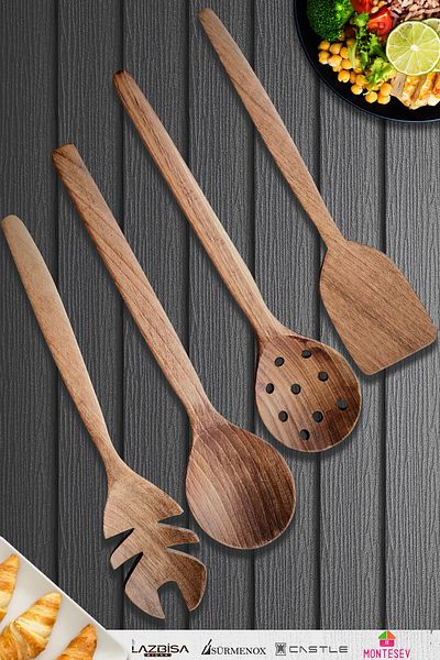 MONTESEV Natural Walnut Wood Wooden Board Spoon Spatula Colander Fork Set Wooden Spoon (Set of 4)