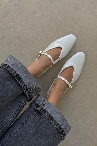 STRASWANS White Wrinkled Leather Ballerinas, Stony Women's Shoes