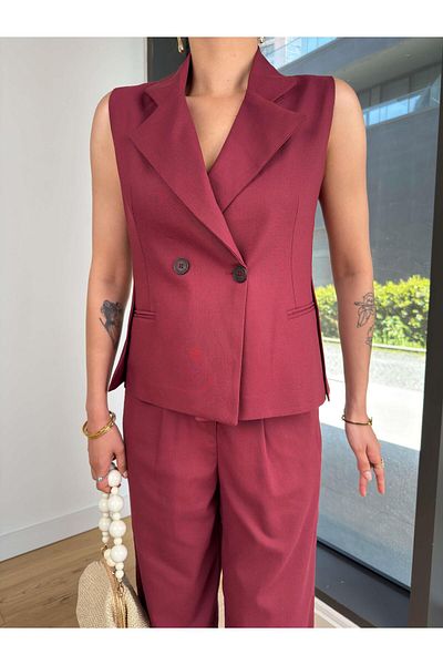 modaçelikler Double Breasted Front Buttoned Bek Burgundy Women's Vest 25Y245