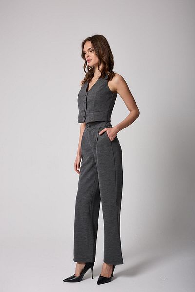 AMİDA Women's Anthracite Buttoned Vest and Palazzo Pants Set - 2515