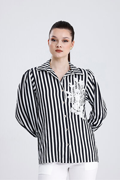 MD trend Kadın Çizgili Göğüs Dantelli Gömlek