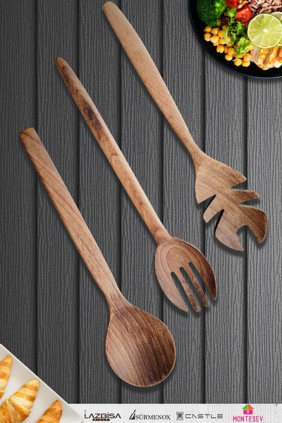 MONTESEV Natural Walnut Wood Wooden Board Spoon Spatula Colander Fork Set Wooden Spoon (Set of 3)