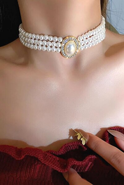 PETEK AKSESUAR Incili Choker Tasma Kolye Gold