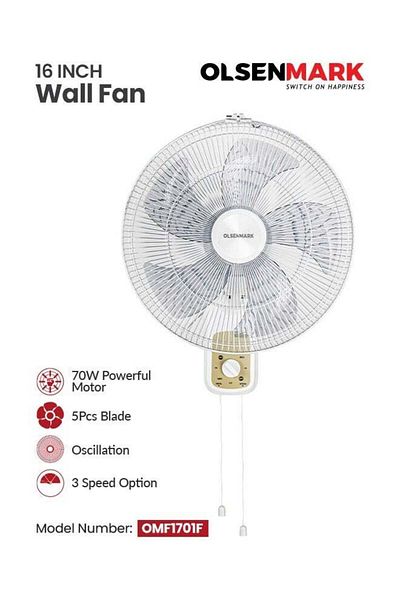Olsenmark 16 Inch Wall Fan With 3 Speed Control, Super Quiet Motor, 5 Blades, High Air Flow, Wide Oscillation