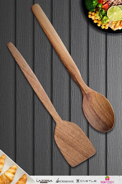 MONTESEV Natural Walnut Wood Wooden Wooden Spoon Spatula Set Wooden Spoon (Set of 2)