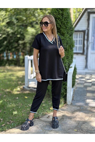 trend_ermege Evyora Women's Short Sleeve V-Neck Two Thread Blouse and Pants Two-Piece Suit