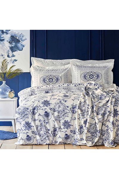 Karaca Home Karaca Home Amar Blue Bettbezug-Set für Doppelbetten aus 100 % Baumwolle, Bettbezug 200 cm x 220 cm,